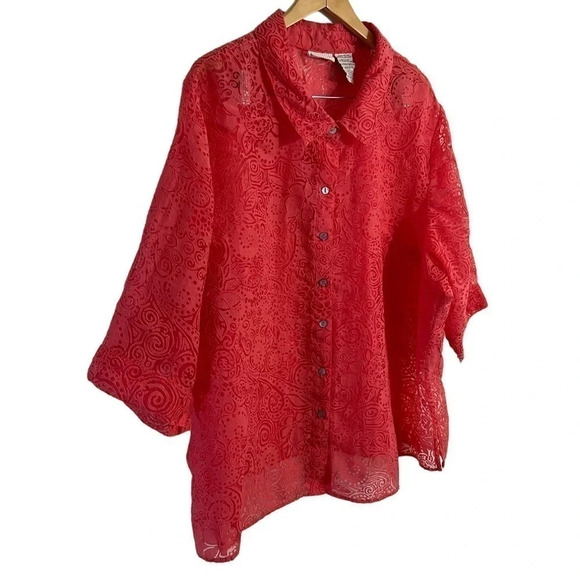 White Stag Pink Button Up Blouse Plus Size 26W 28W Sheer Burnout Floral Swirls - Picture 3 of 7